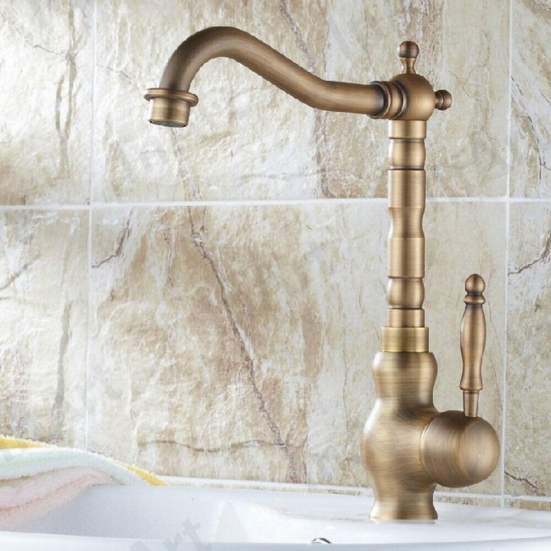 InArt brass single lever wall mixer kitchen tap in antique brass finish, single hole sink mixer front view