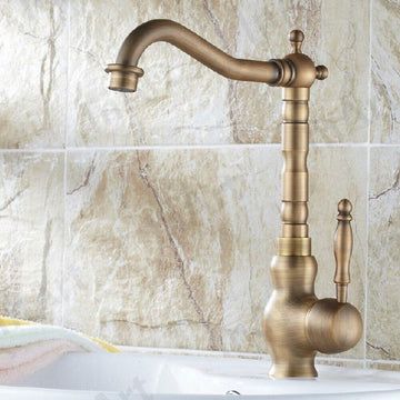 InArt brass single lever wall mixer kitchen tap in antique brass finish, single hole sink mixer front view