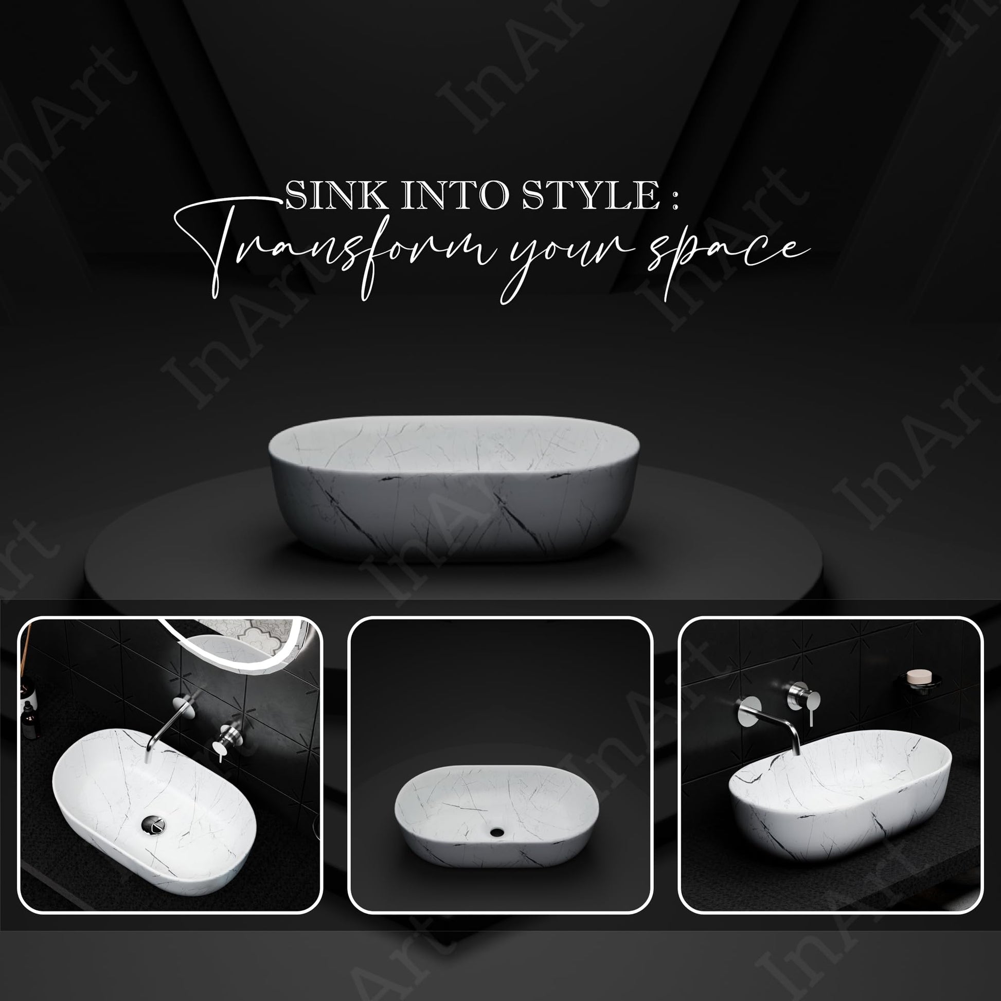InArt top counter wash basin with smooth rim and rectangular shape, premium sanitaryware detail