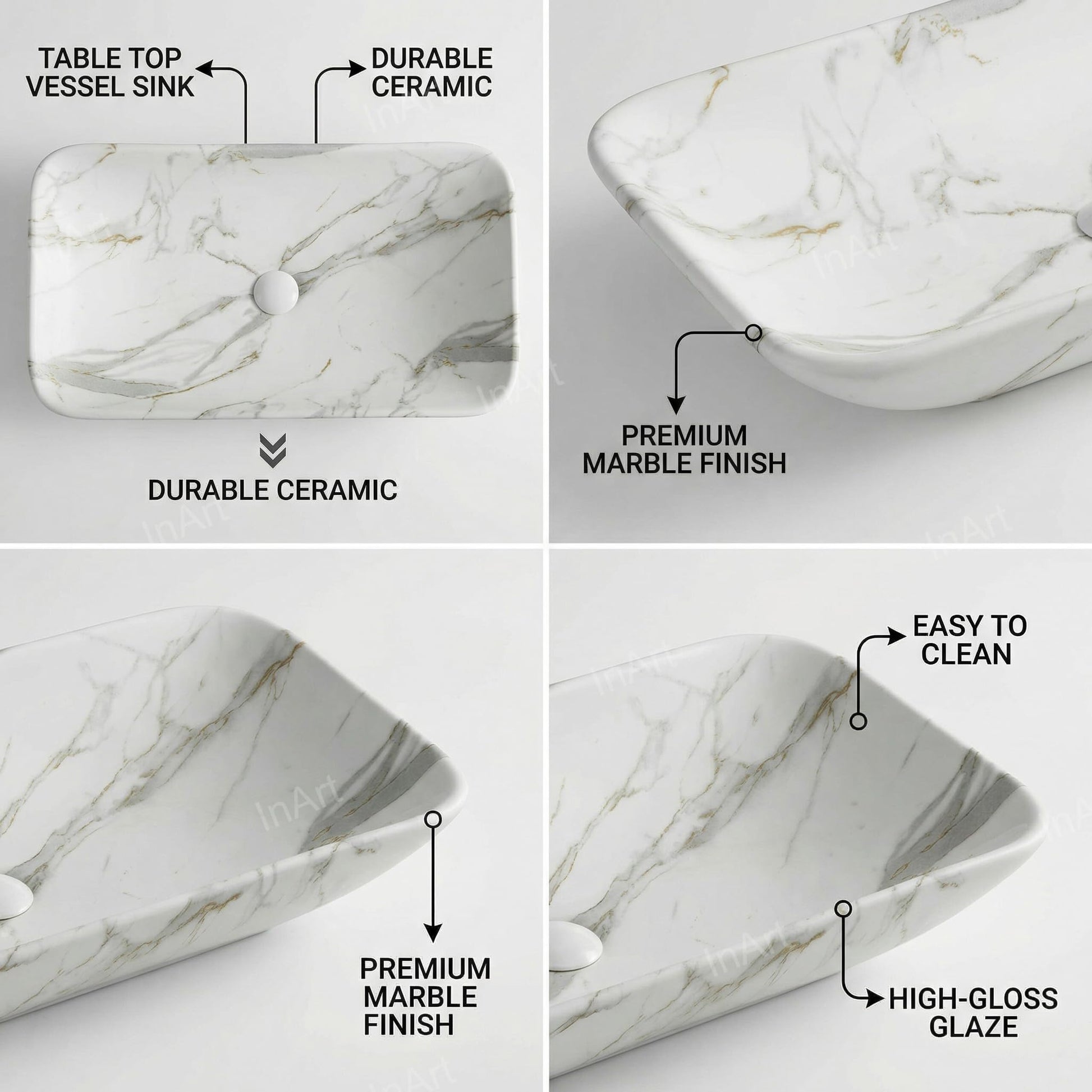 Designer counter top wash basin in ceramic, sleek rectangular top basin, side angle view