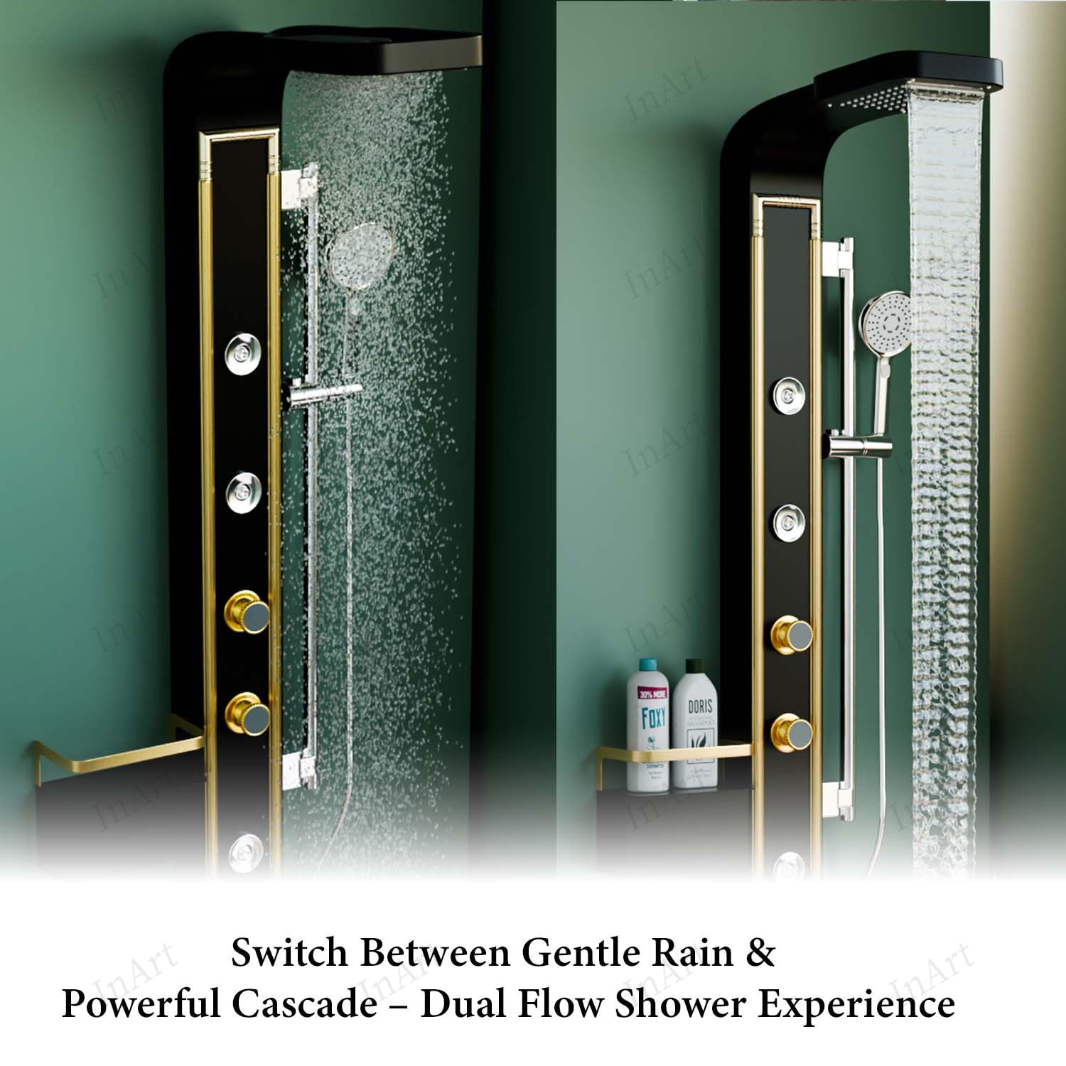 InArt wall mounted shower panel system with body massage spray jets, premium matte black gold finish