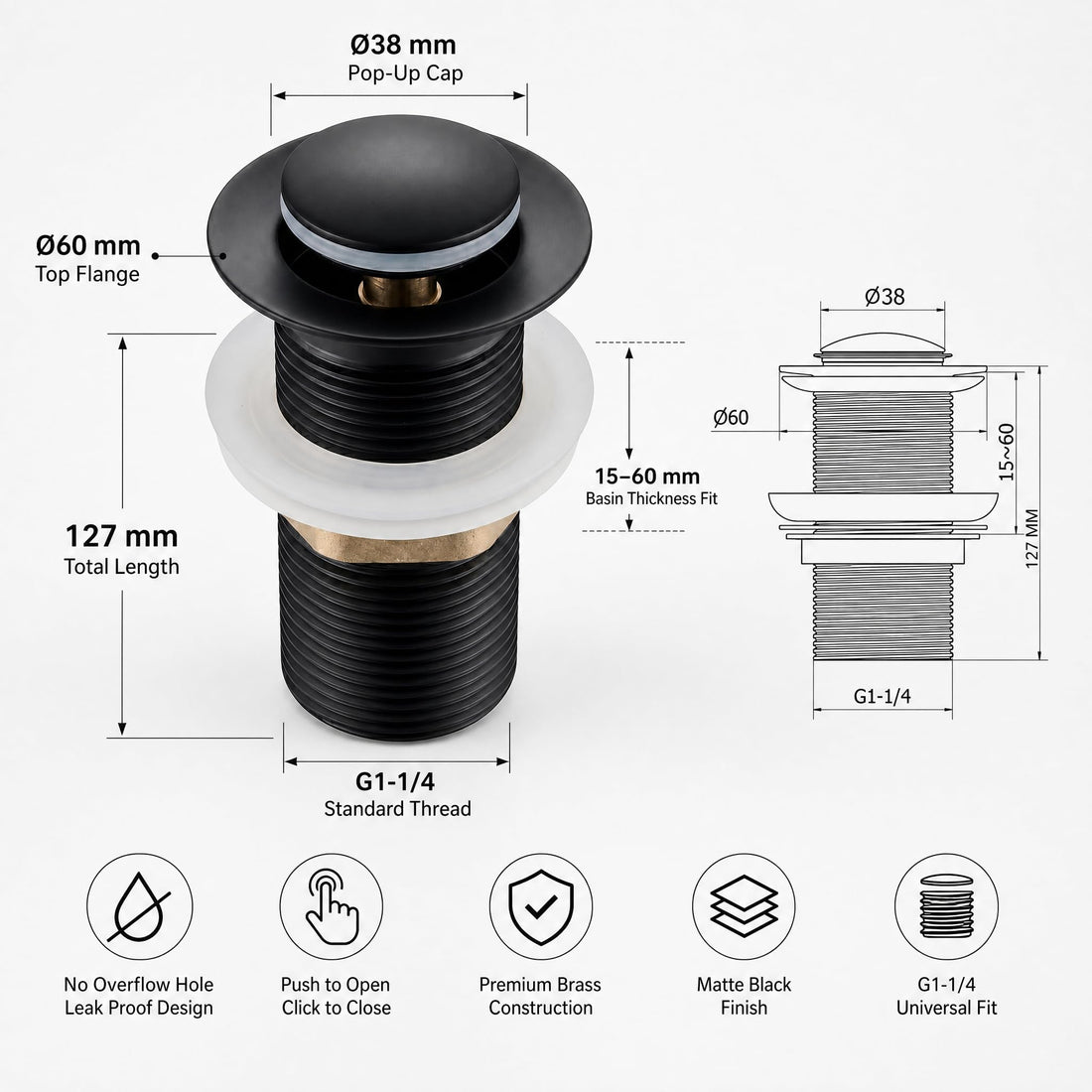 Matt black pop-up waste coupling for wash basin with half-cap top view