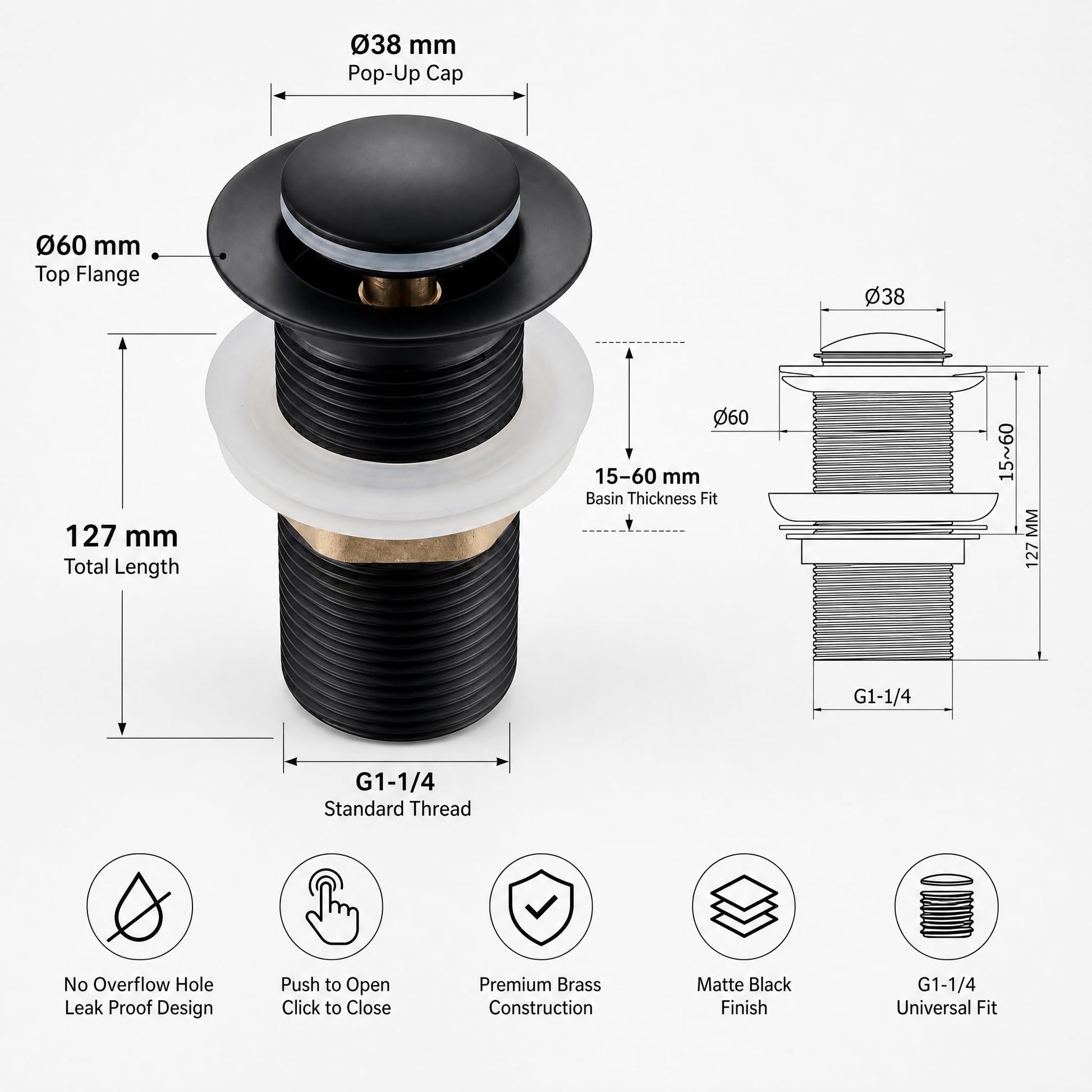 5 inch full thread basin drain outlet fitting in matt black finish