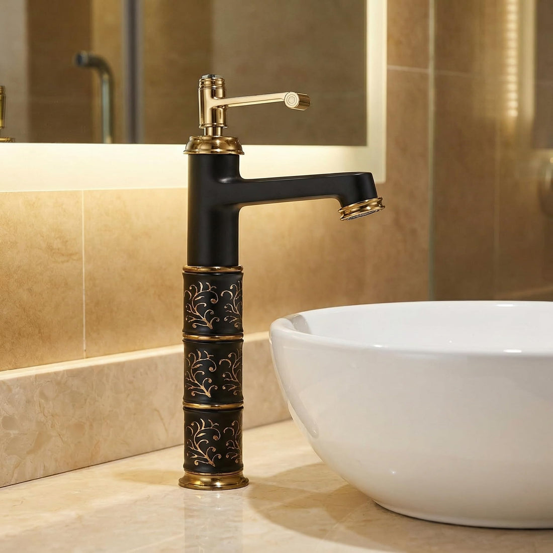 InArt single lever basin mixer tap in brass, high neck tall body design with gold black matte finish