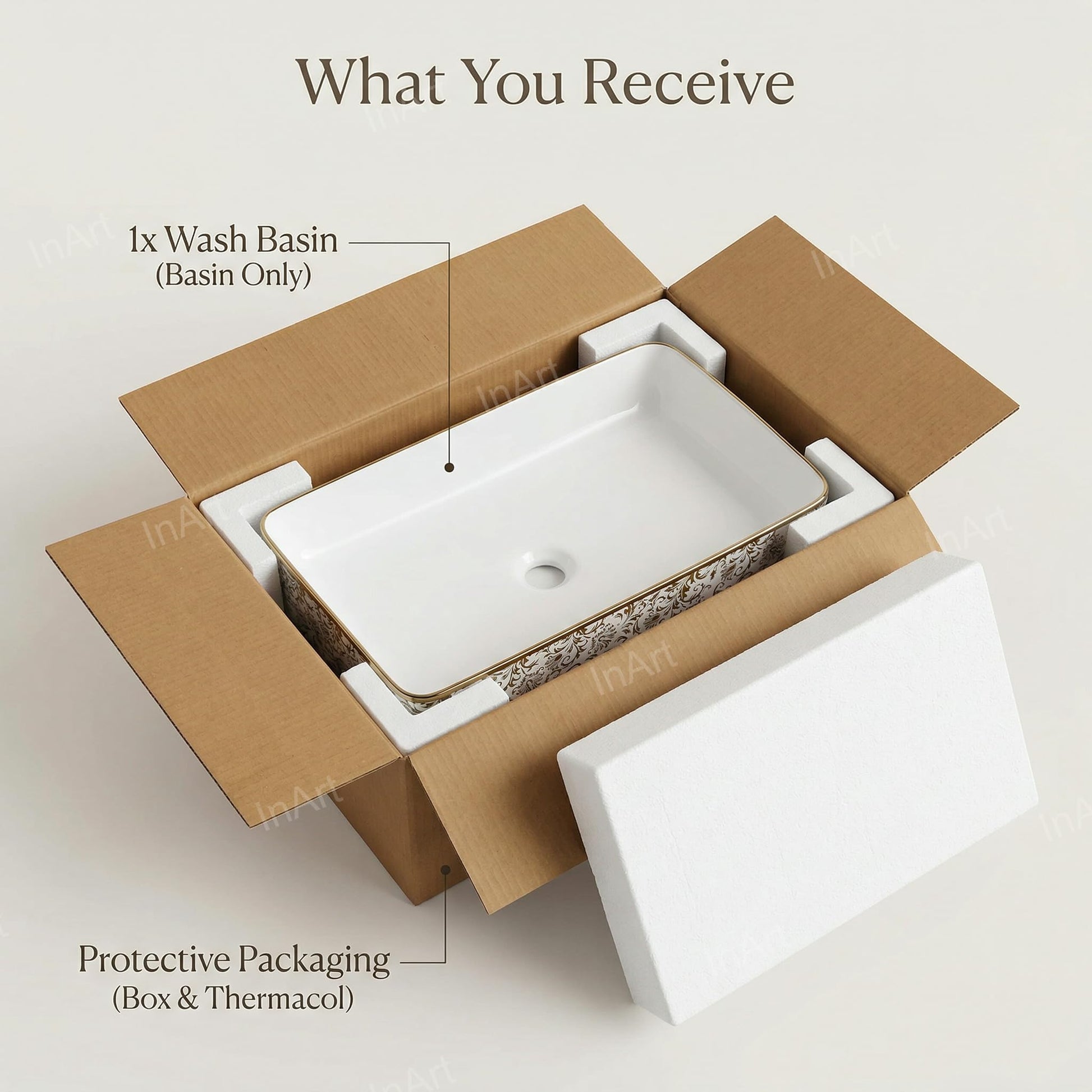 Table top wash basin for dining room wash area, premium ceramic rectangular basin with golden floral finish