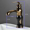 Washbasin tap design in black rose gold, side angle showing waterfall spout and single lever basin mixer for hot & cold