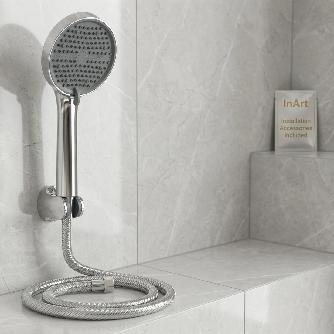 InArt hand shower for bathroom, ABS round 5-function chrome finish set with 1.5m tube and wall hook