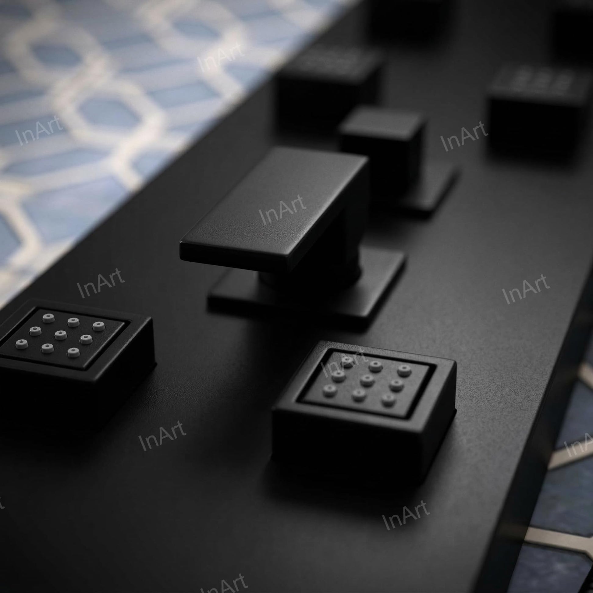Waterfall shower panel black finish detail, rectangular top outlet for modern bathroom shower setup
