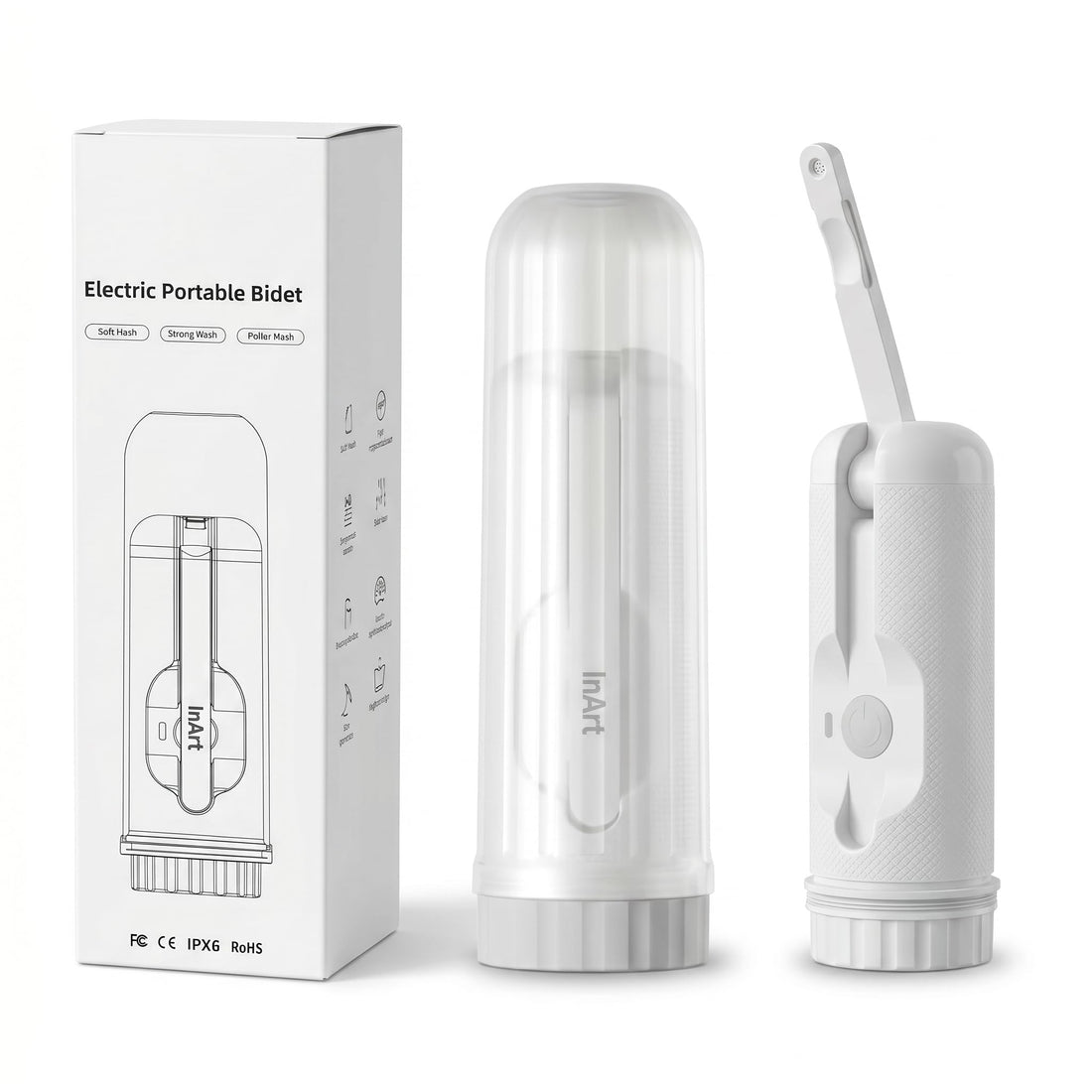 Portable electric bidet spray in white with foldable nozzle and protective cap