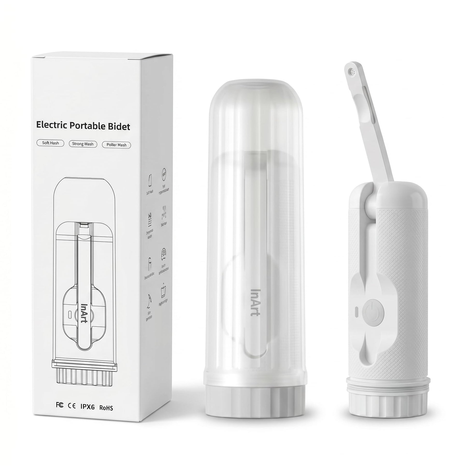 Portable electric bidet spray in white with foldable nozzle and protective cap