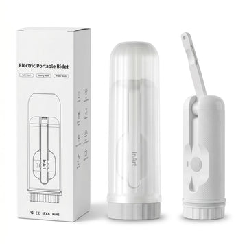 Portable electric bidet spray in white with foldable nozzle and protective cap