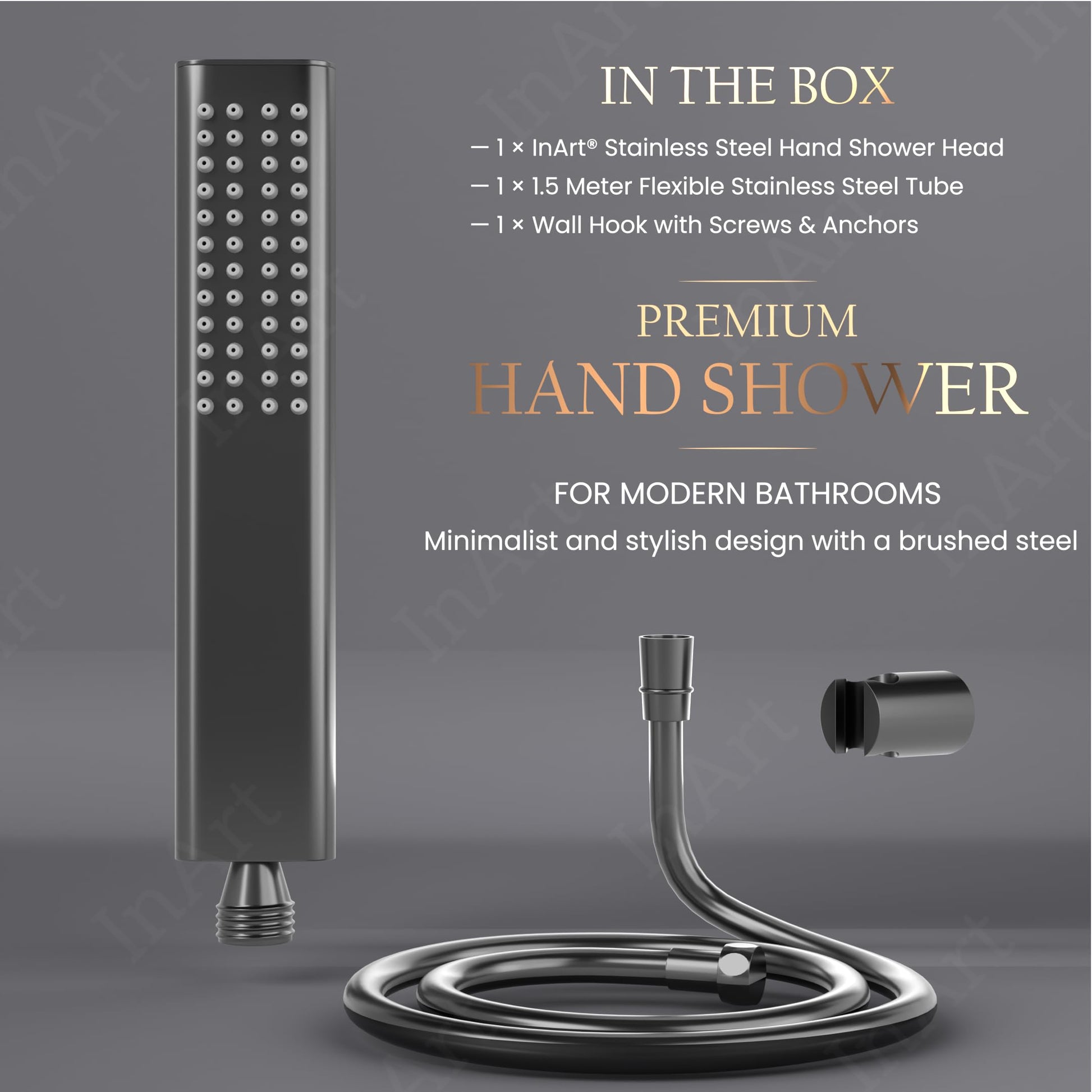 Hand shower set for bathroom installation view with wall hook mount, gun grey stainless steel handheld shower