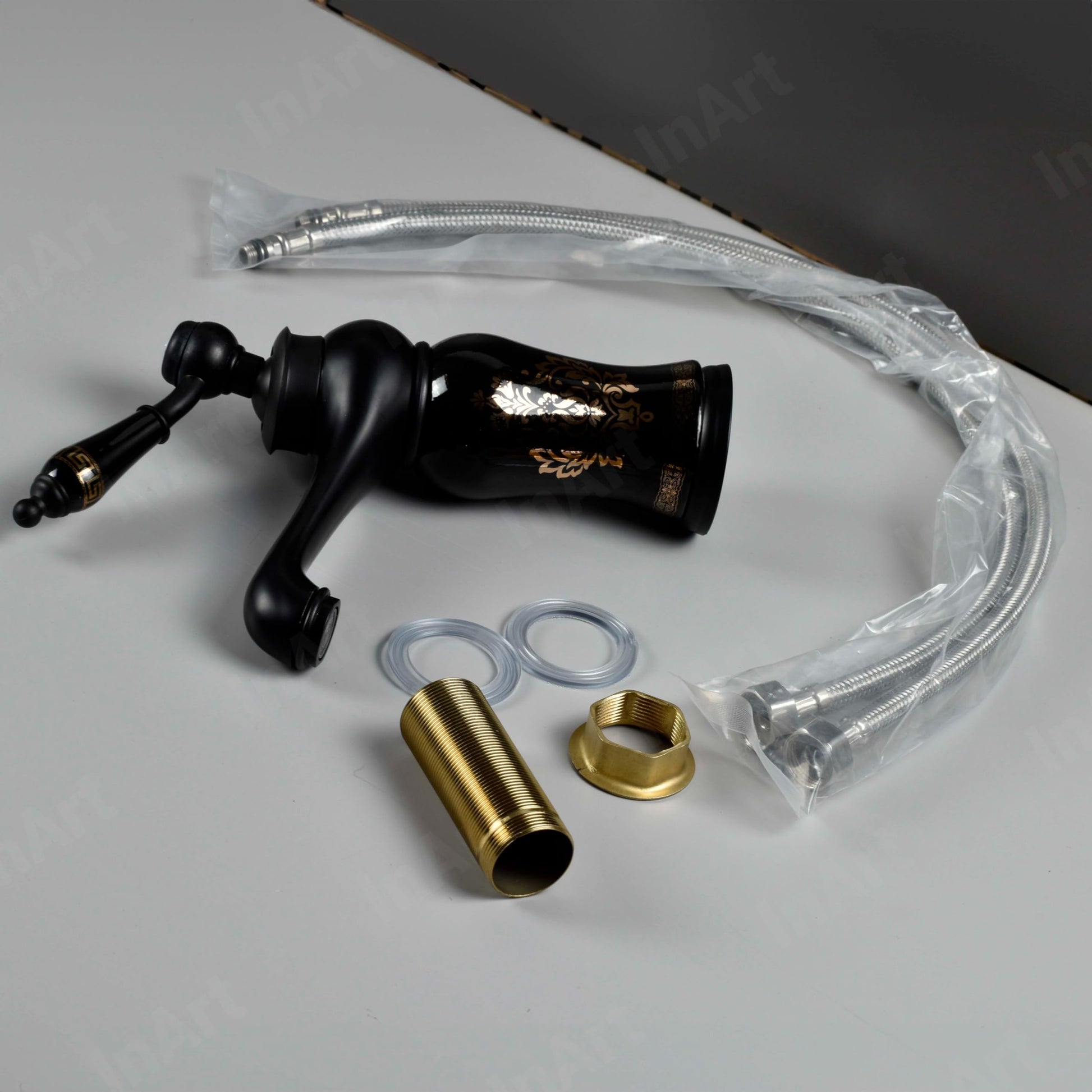 Black basin tap hot and cold mixer for wash basin, deck mount pillar cock style with waterfall design top view