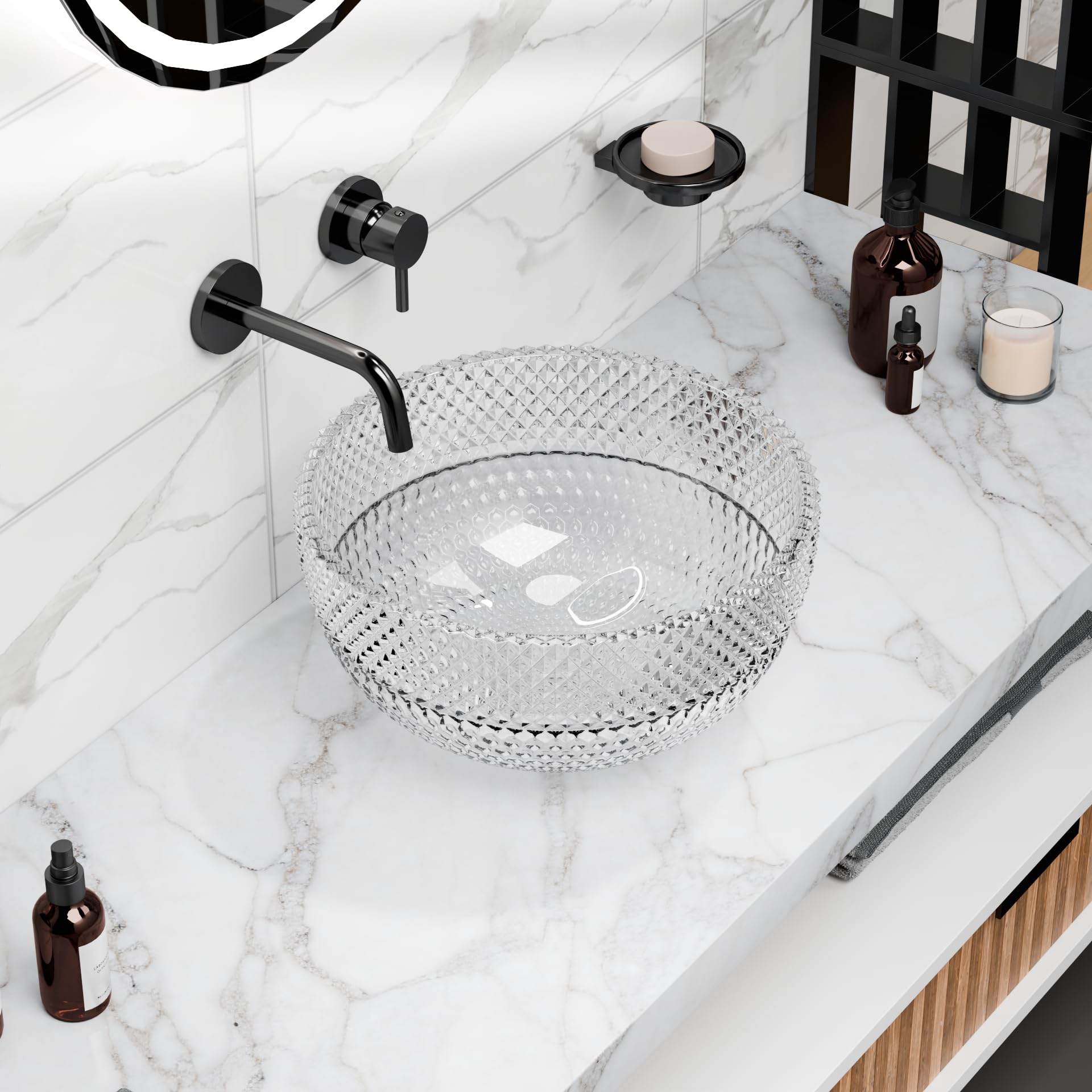 InArt round glass table top basin, transparent polished finish, table top wash basin