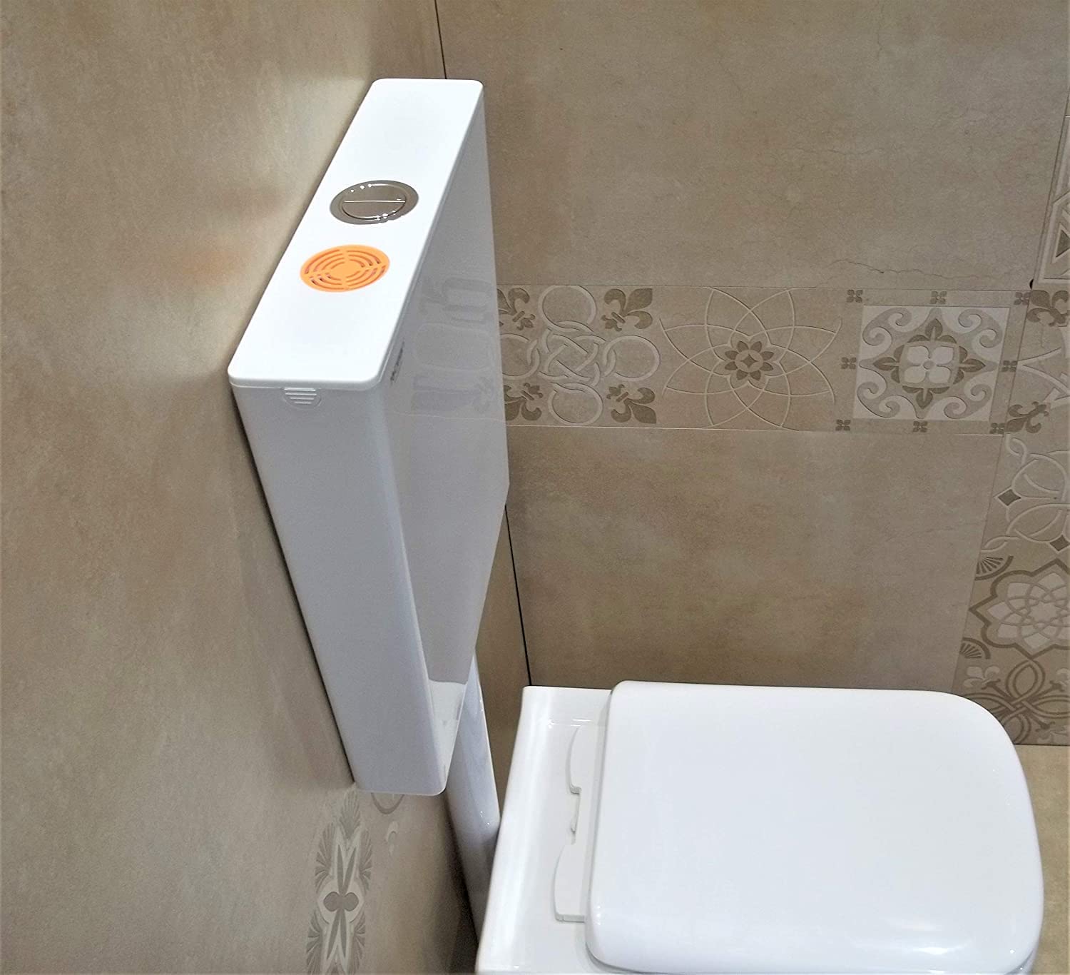 European water closet floor mounted, side angle view of InArt glossy white ceramic western toilet with tank