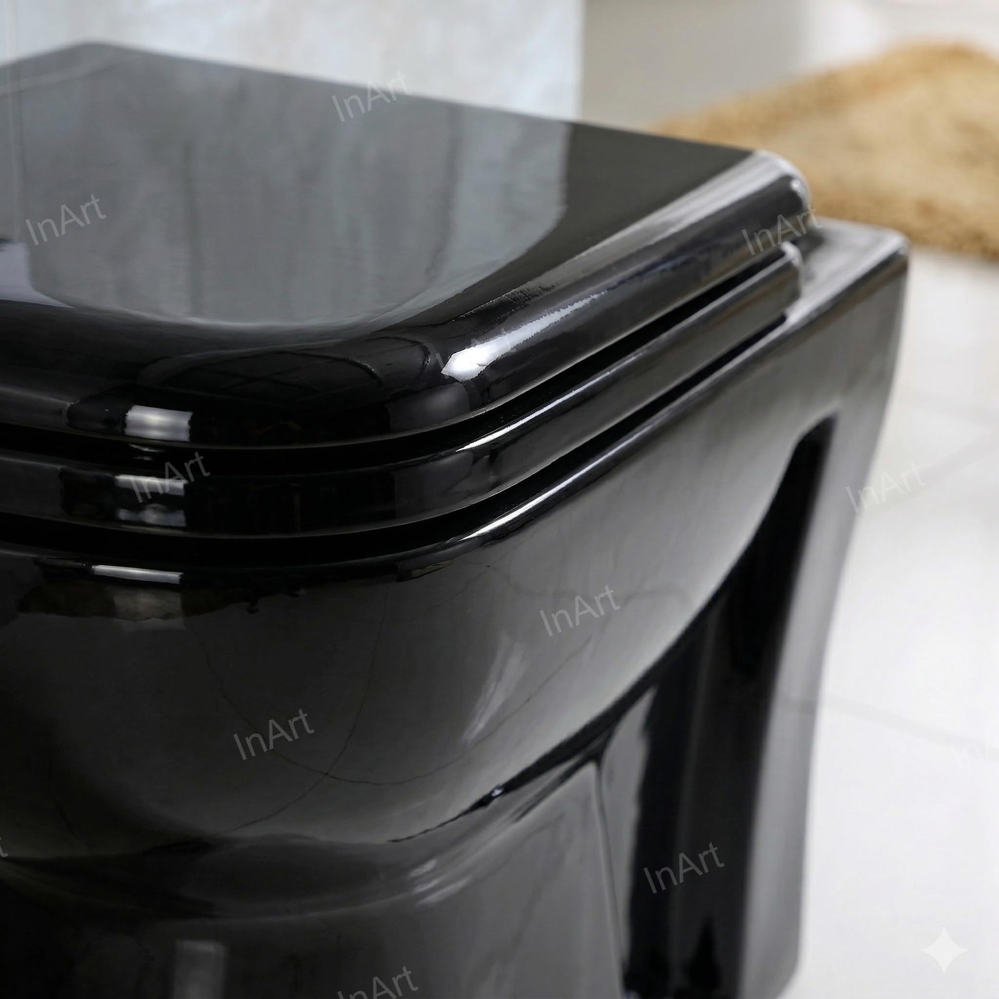 Square western toilet commode rim and bowl detail in glossy black finish, easy-clean ceramic one piece design