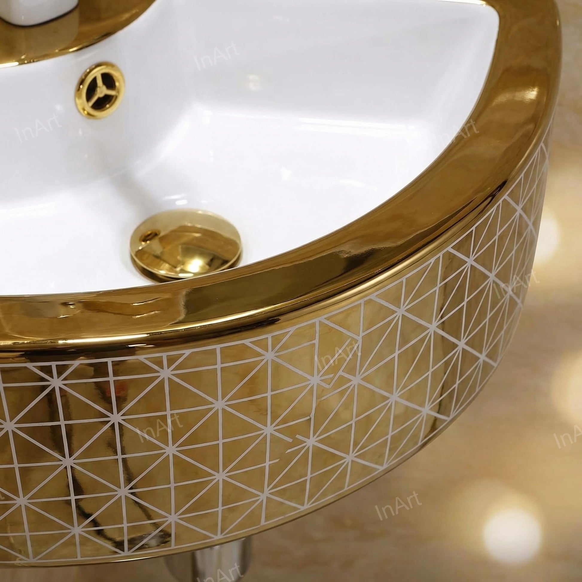 Small bathroom sink corner in glossy golden white ceramic, space-saving square corner basin for modern washroom