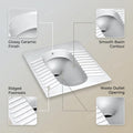 Side angle of ceramic Indian toilet pan showing floor mounted installation profile