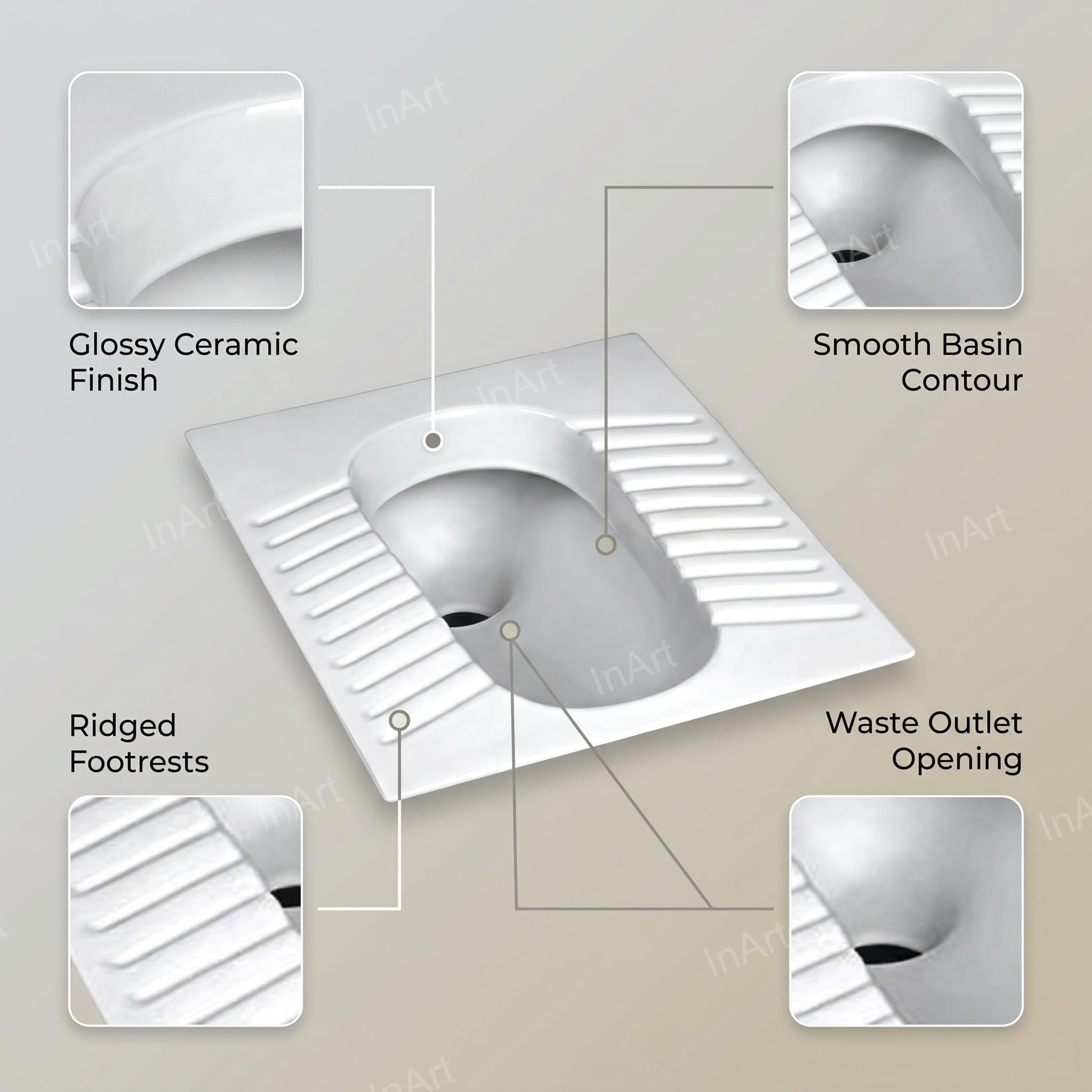 Side angle of ceramic Indian toilet pan showing floor mounted installation profile