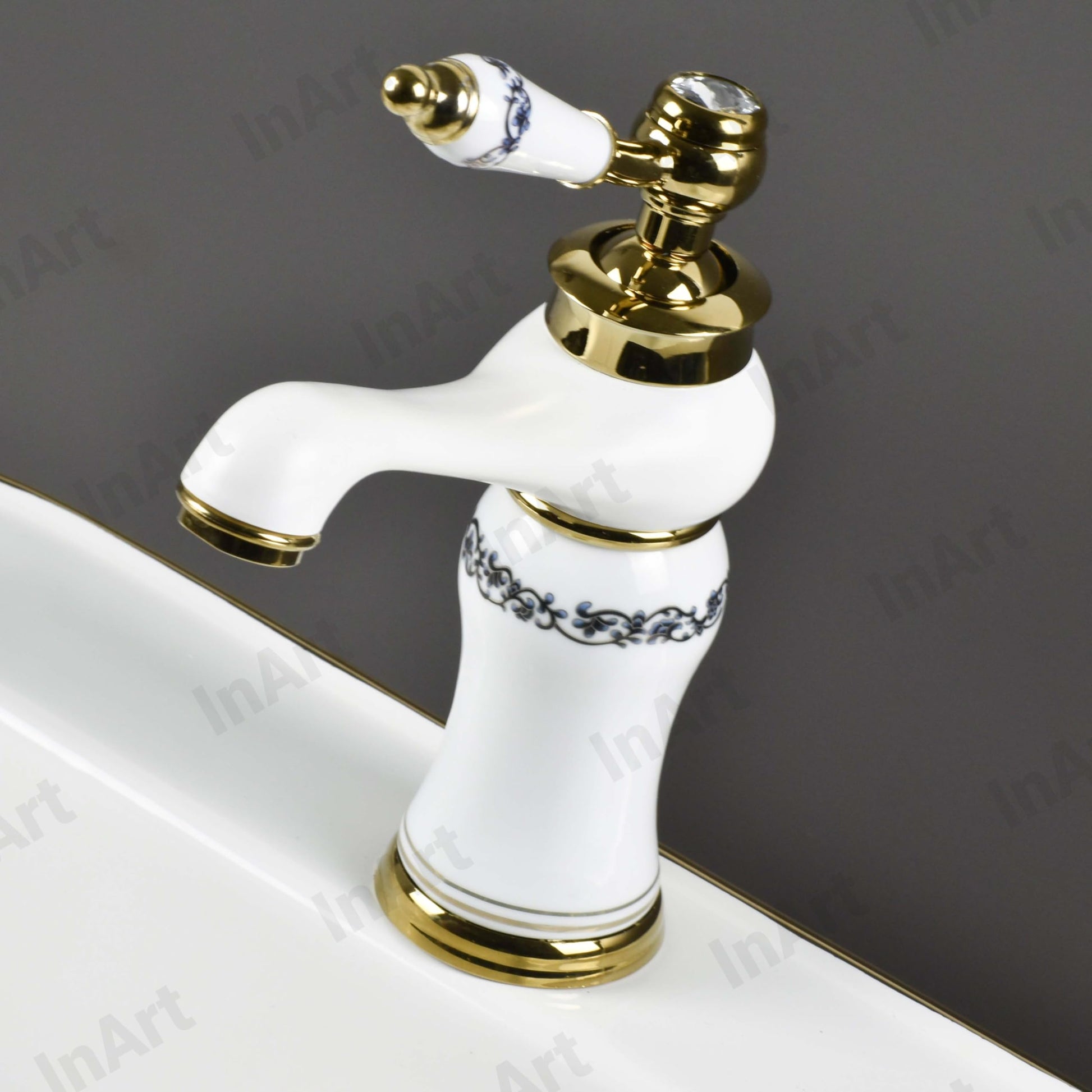 Wash basin tap hot and cold single lever mixer, InArt white gold glossy pillar cock for table top basin