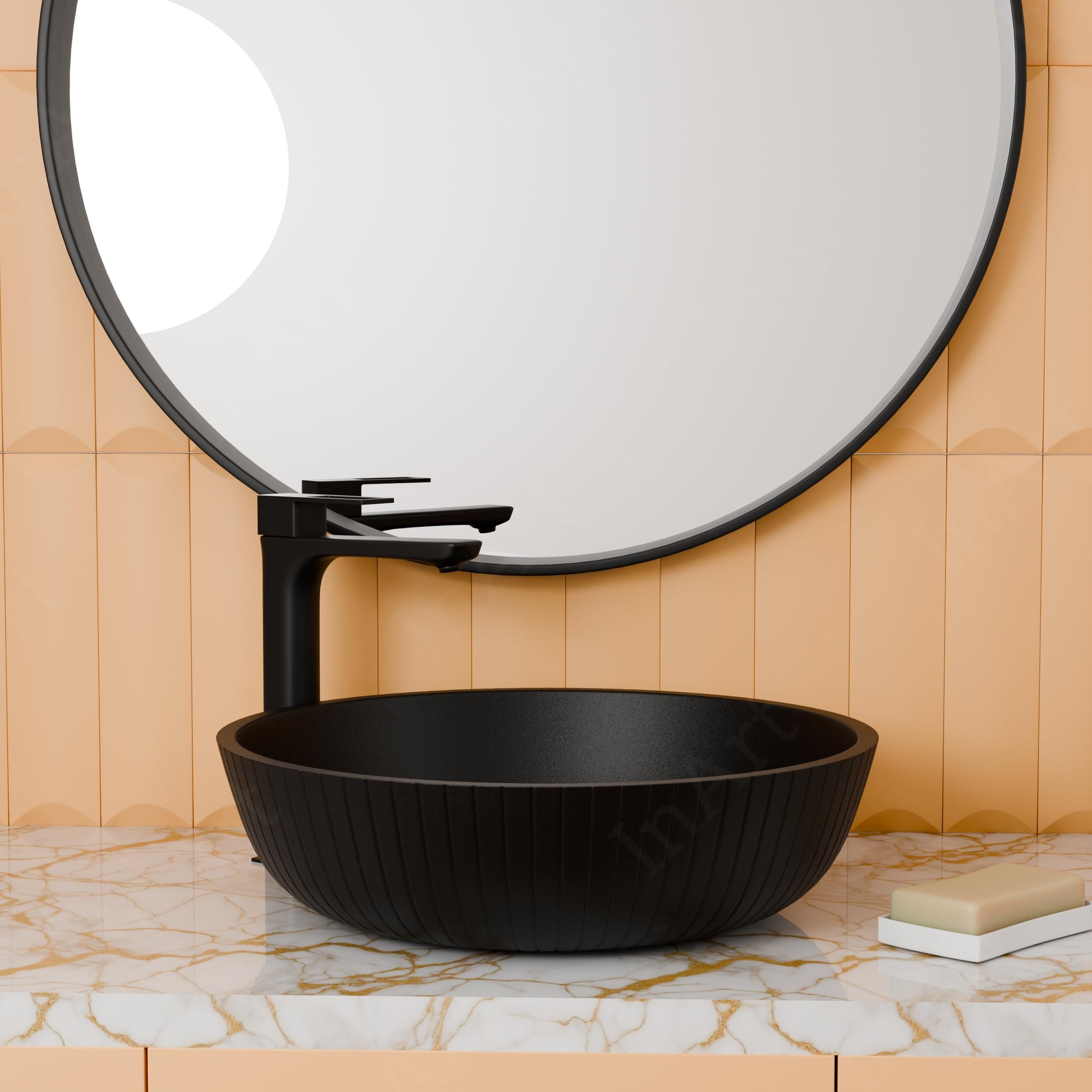 Modern wash basin design round table top basin in black satin finish, side angle view for bathroom