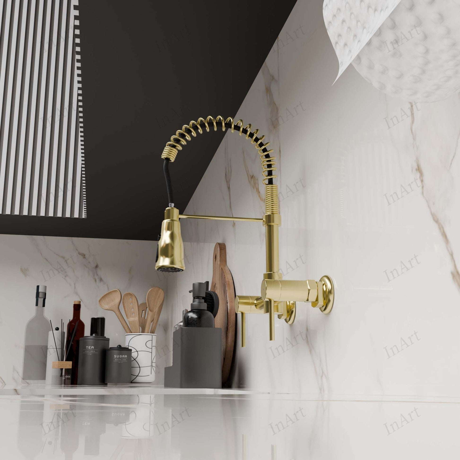 Kitchen sink pull out tap, angled view of brushed gold brass mixer with hot and cold lever control