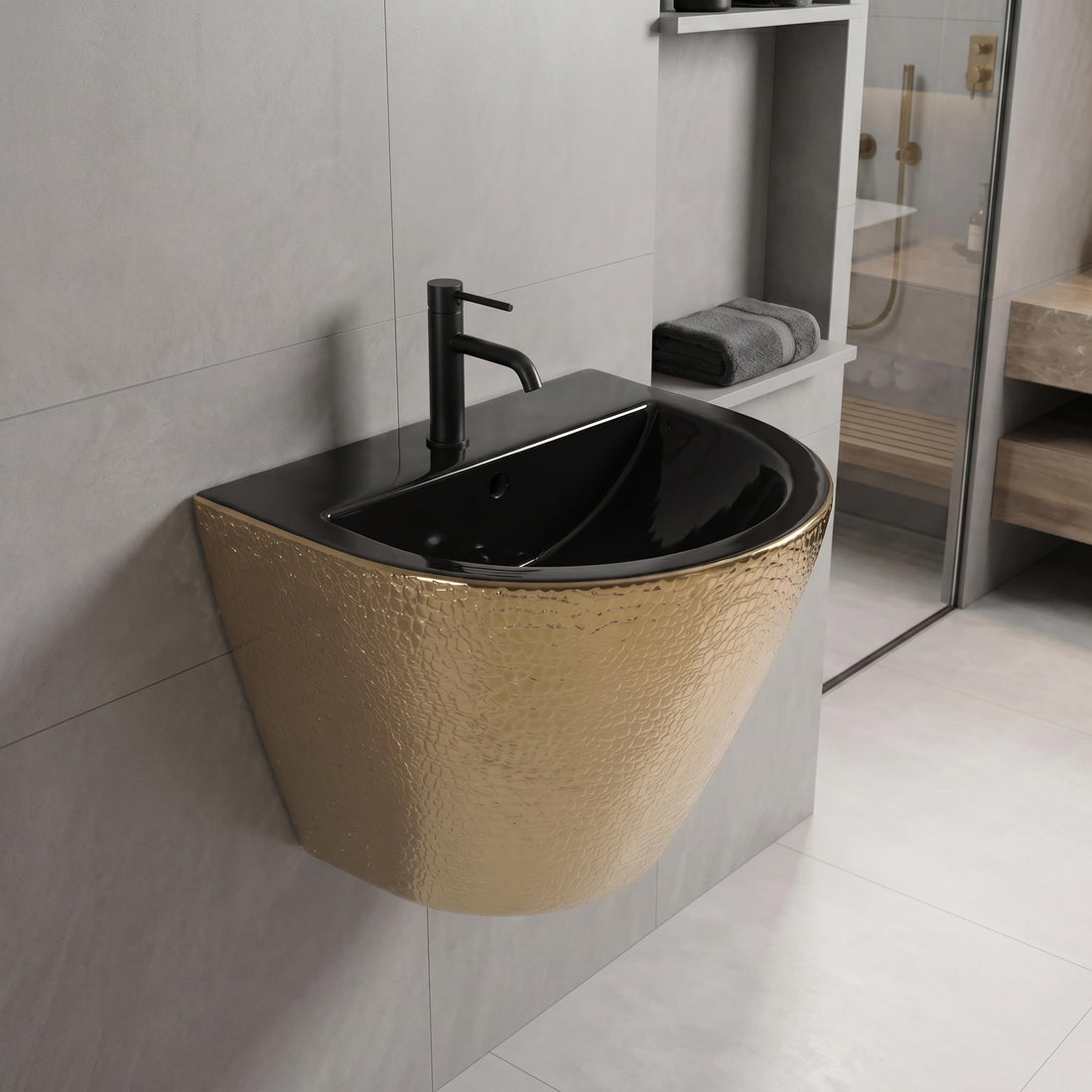 Wash basin waste coupling ready InArt ceramic rectangular wall hung half pedestal wash basin in black gold finish