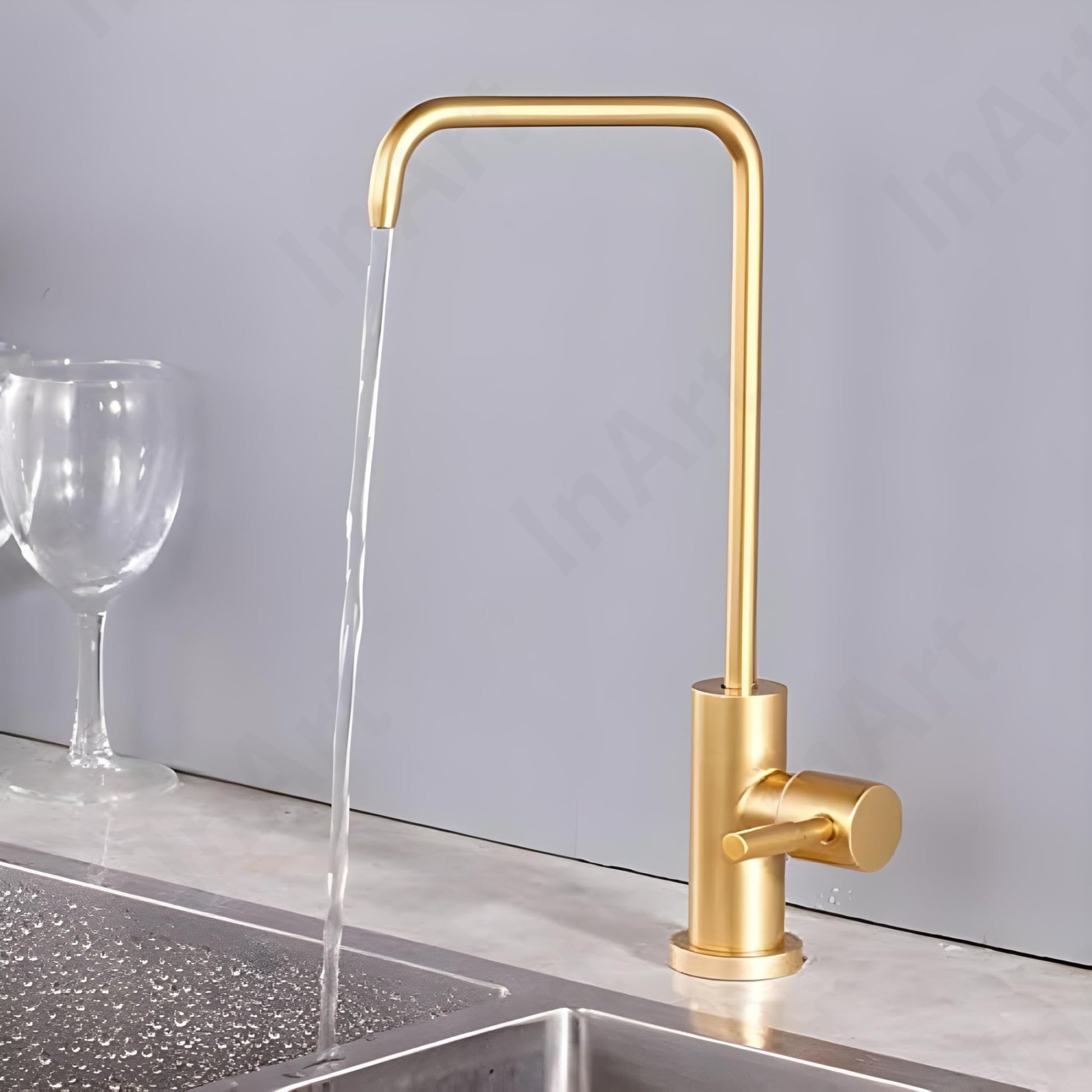 InArt non air gap RO tap with square brushed gold finish, 360° swivel neck, three-quarter view