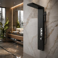 Shower panel with mixer showing waterfall outlet and body jets, side angle view in premium washroom