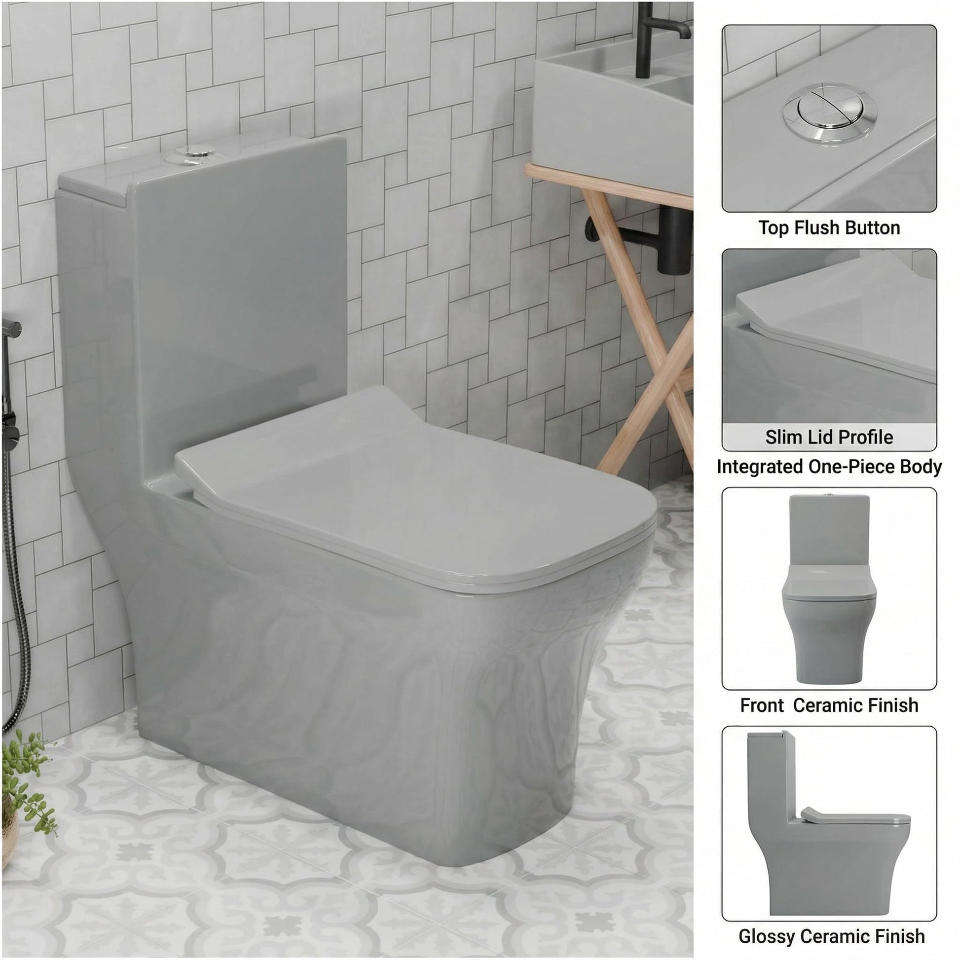 Ceramic one piece western toilet in grey, floor mounted commode shown at side angle for Indian bathroom