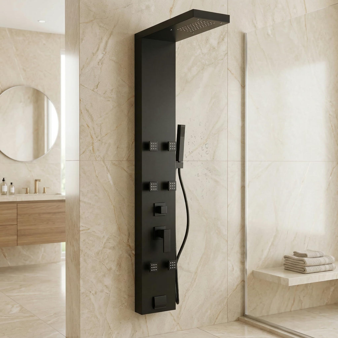 InArt shower panel set in matte black 304 stainless steel, rectangular wall mounted 4-in-1 shower system