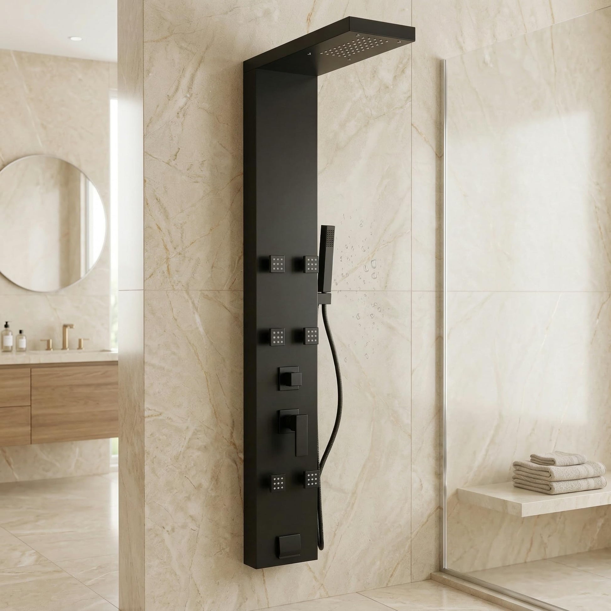 InArt shower panel set in matte black 304 stainless steel, rectangular wall mounted 4-in-1 shower system