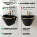 Ceramic wall hung wash basin for bathroom interior, black with gold line, space-saving floating look