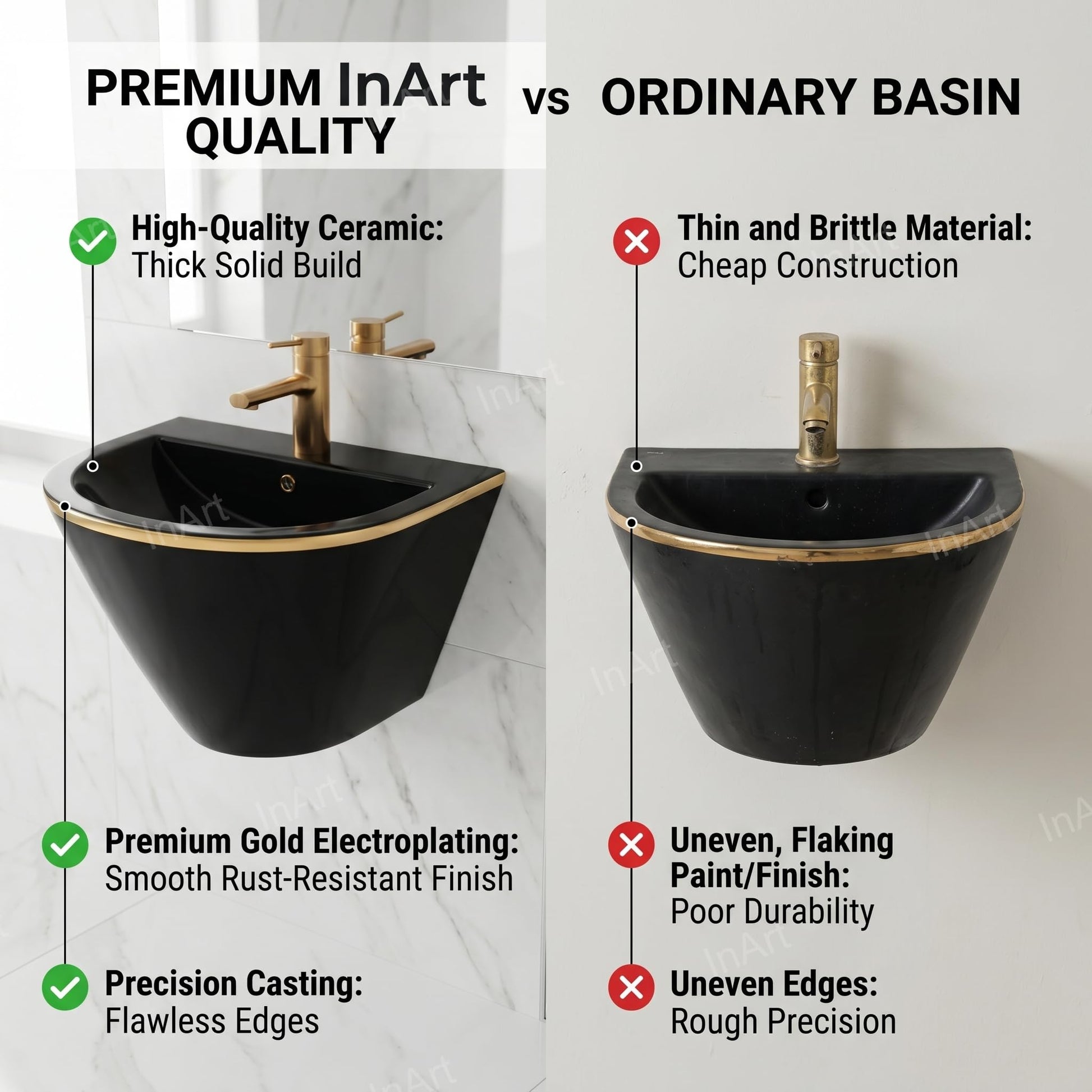 Ceramic wall hung wash basin for bathroom interior, black with gold line, space-saving floating look