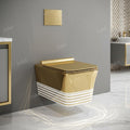 Soft close toilet seat cover detail on InArt wall mounted WC, slow motion hinge on white gold commode