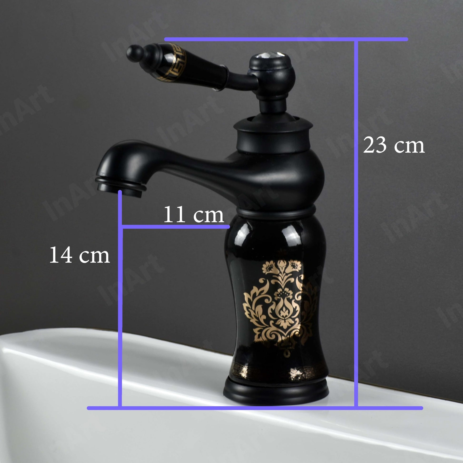 Glossy black single lever basin mixer tap for wash basin, deck mount angle view with waterfall outlet