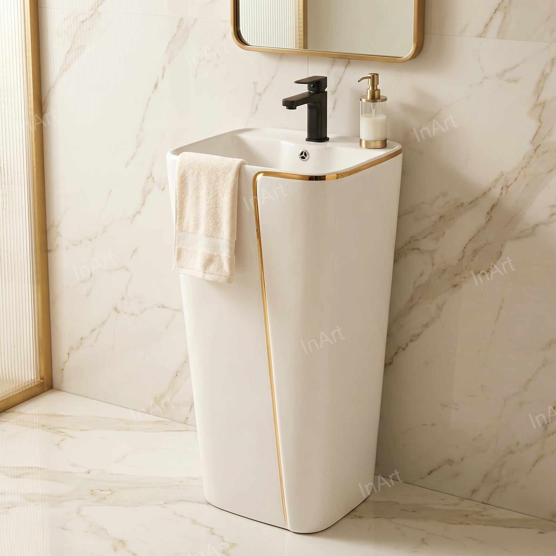 One piece pedestal wash basin with integrated full pedestal, glossy white gold round ceramic, close-up rim