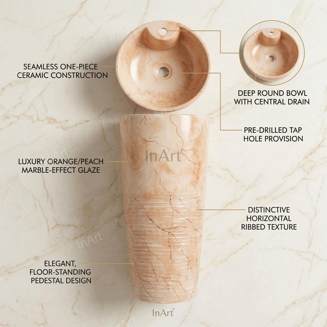 Dining hall wash basin cabinet look with InArt ceramic round pedestal wash basin in orange marble finish