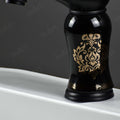 Waterfall basin tap in glossy black for Indian bathroom washroom, smooth flow spout detail on deck mount