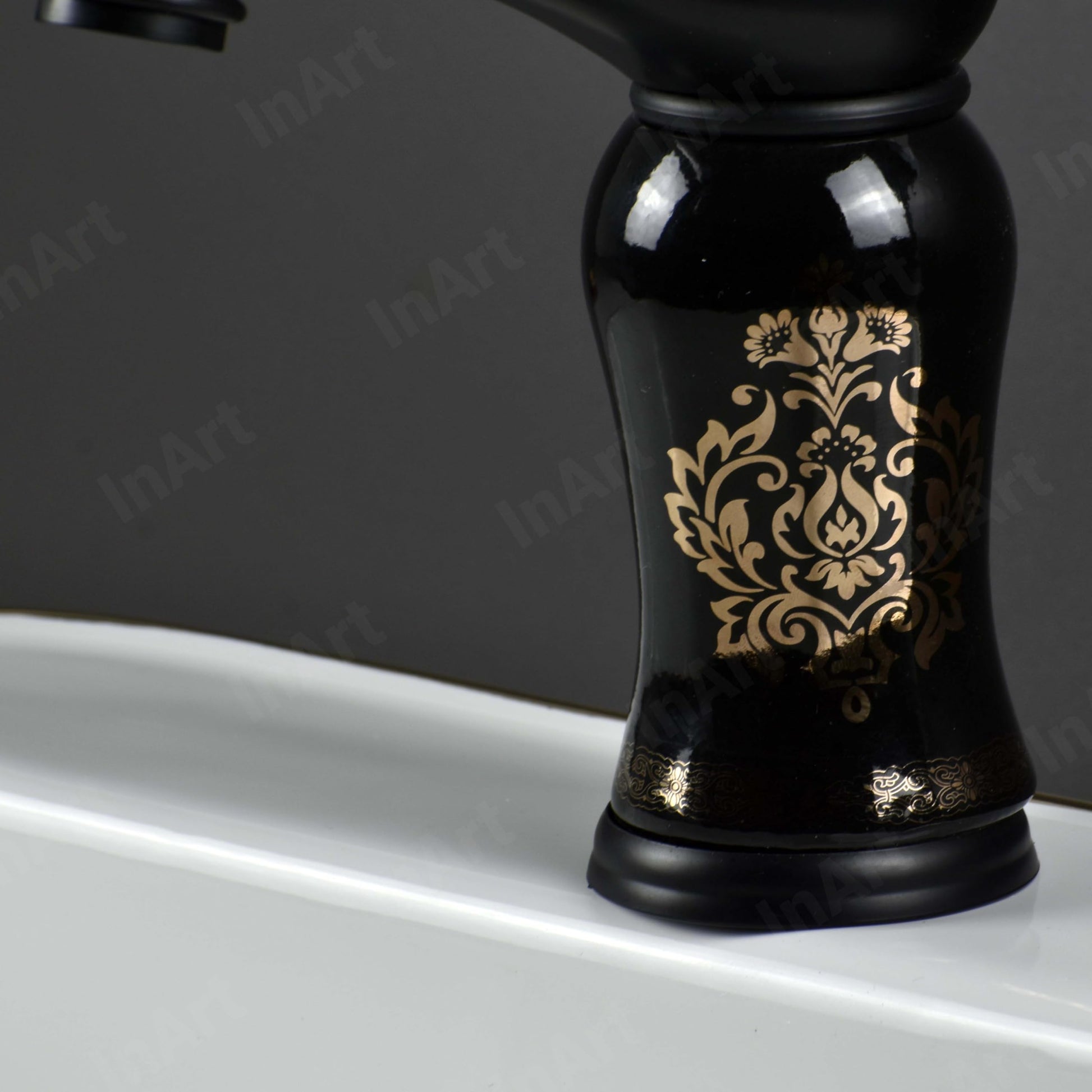 Waterfall basin tap in glossy black for Indian bathroom washroom, smooth flow spout detail on deck mount