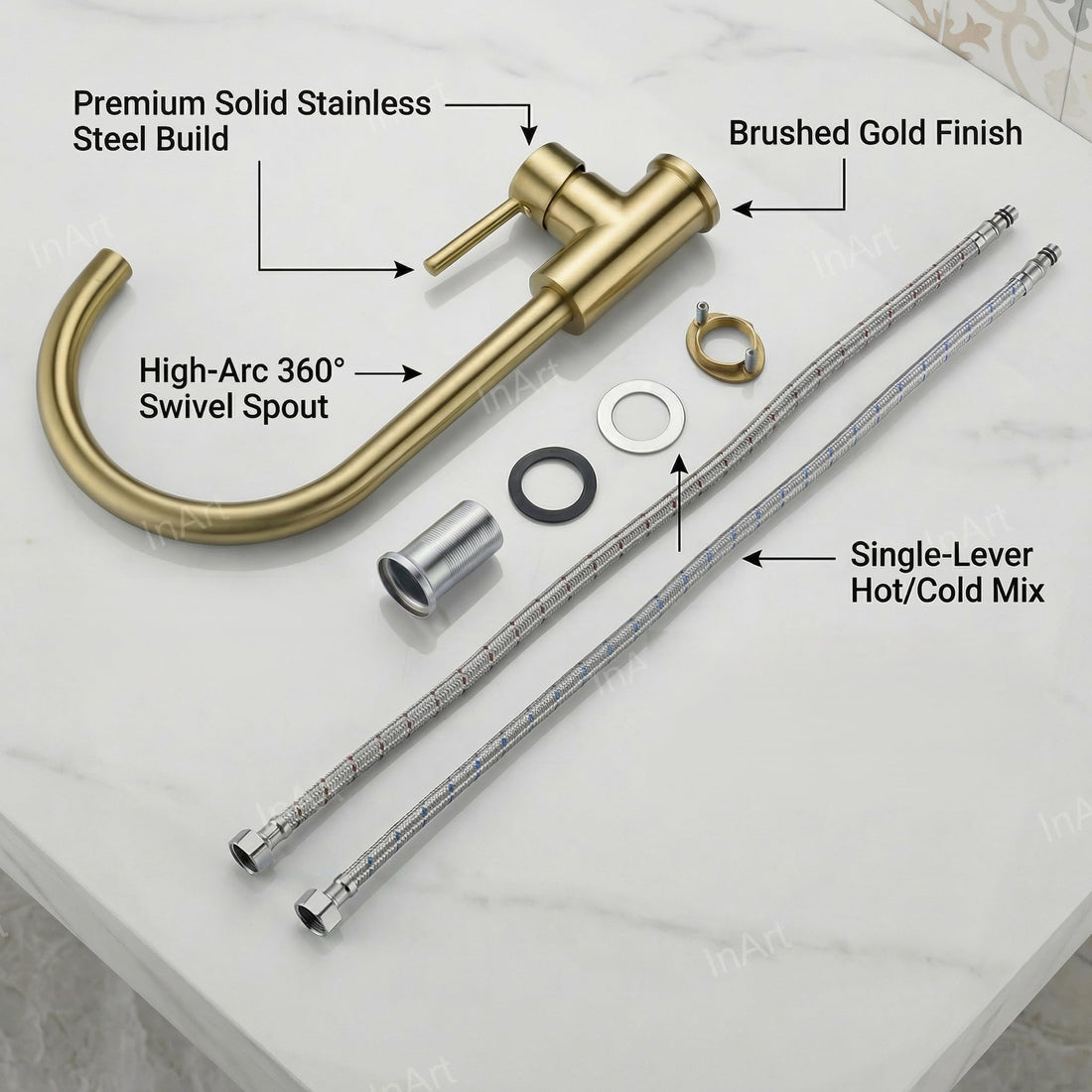 InArt steel tap for kitchen, brushed gold high arc 360° rotatable single lever sink mixer