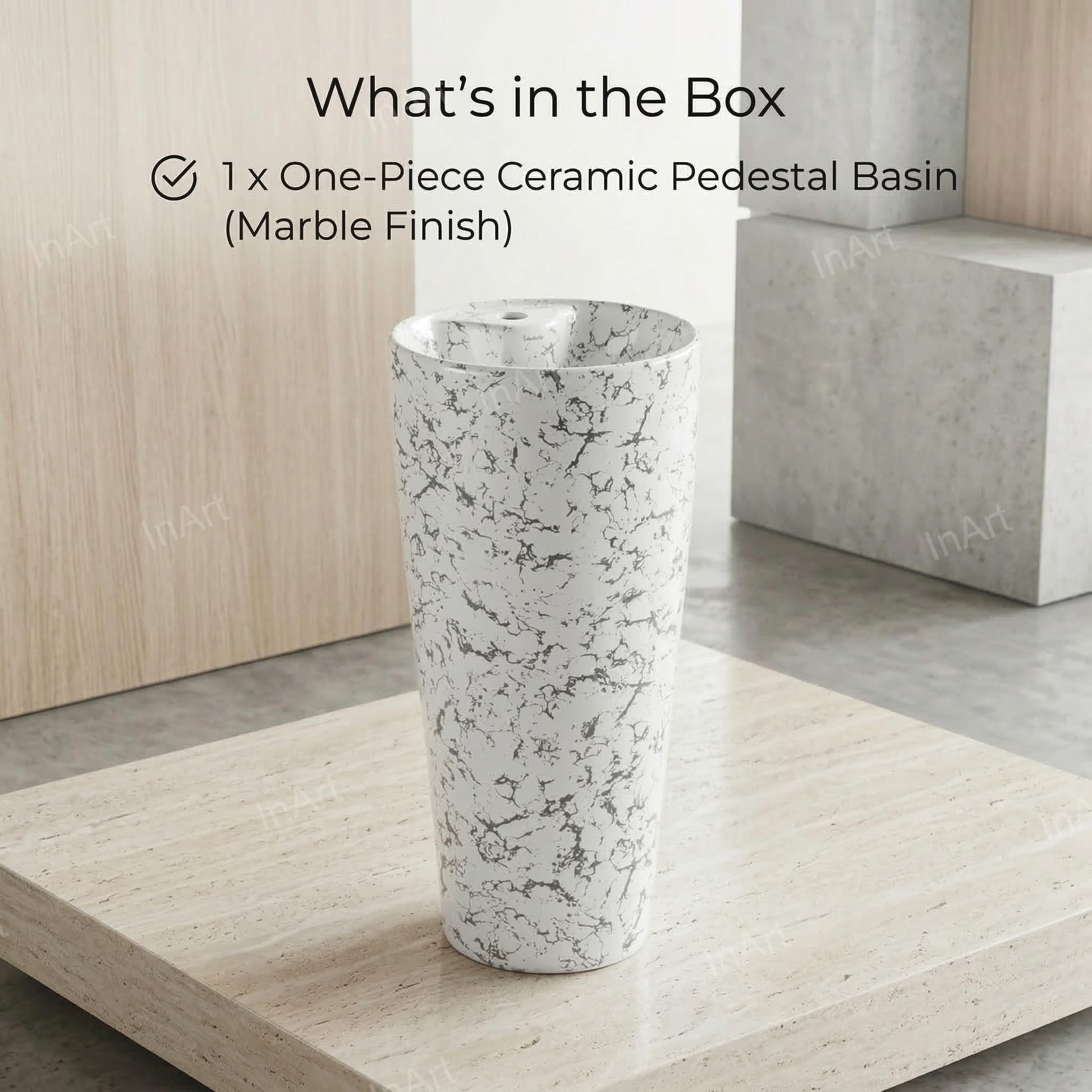 Premium ceramic one piece basin and pedestal, modern round wash basin for bathroom, kitchen or living room