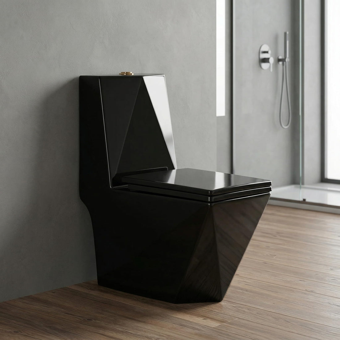 InArt single piece western toilet in glossy black ceramic, oval one piece commode front view