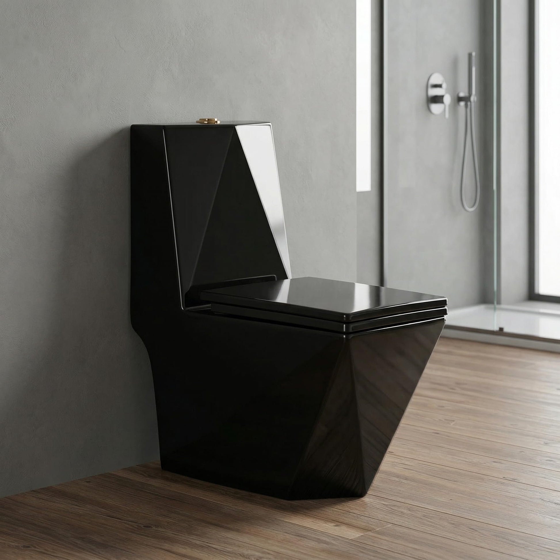 InArt single piece western toilet in glossy black ceramic, oval one piece commode front view