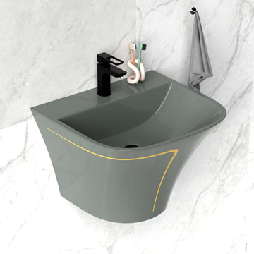 InArt wall mounted wash basin in grey glossy ceramic, rectangular slim rim, front view