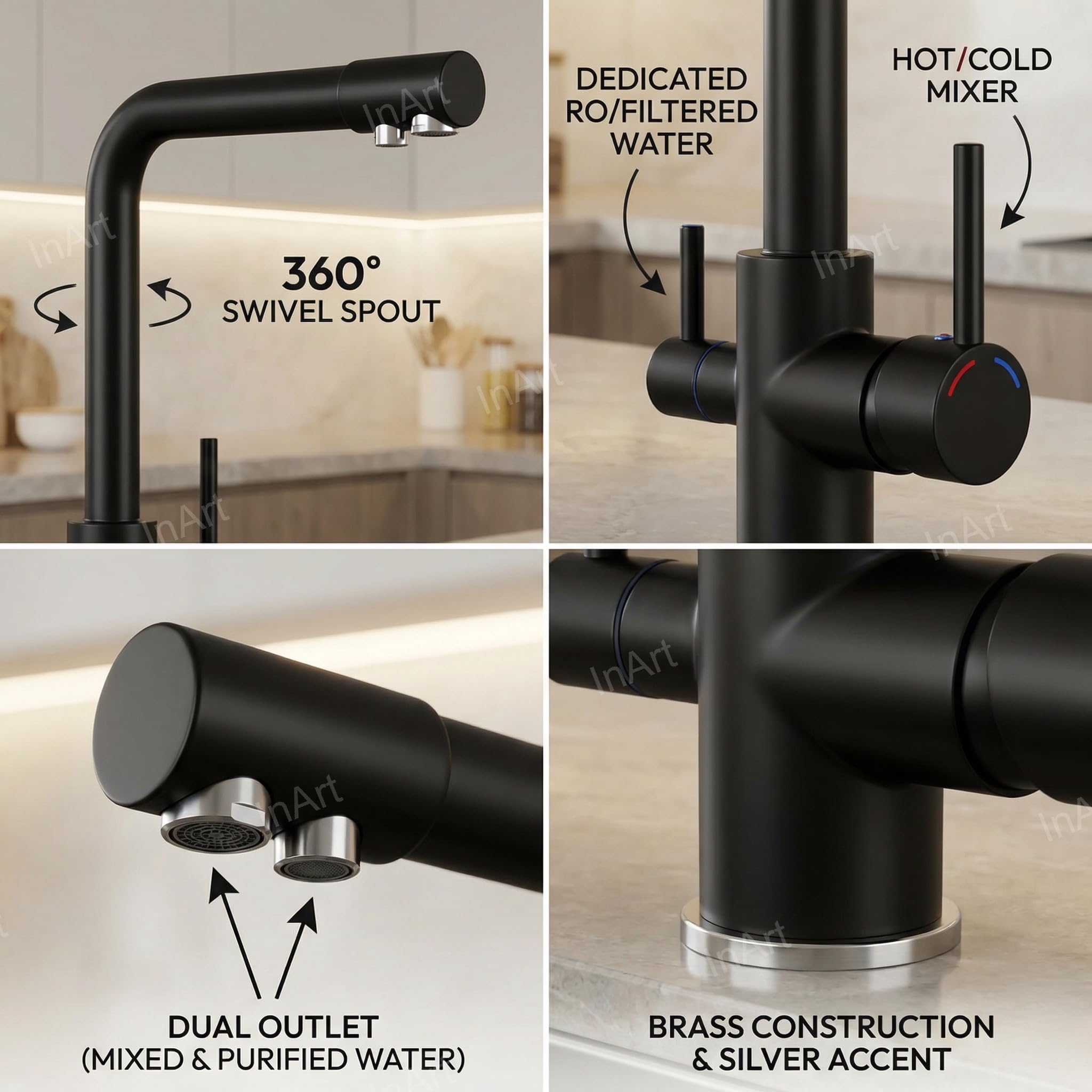 InArt Kitchen Sink Faucet with 360° Swivel Spout, Brass, 3-Way Water F ...