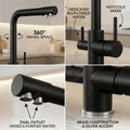 Gooseneck sink mixer in matte black with 360° swivel spout and dual levers, deck type sink mixer view