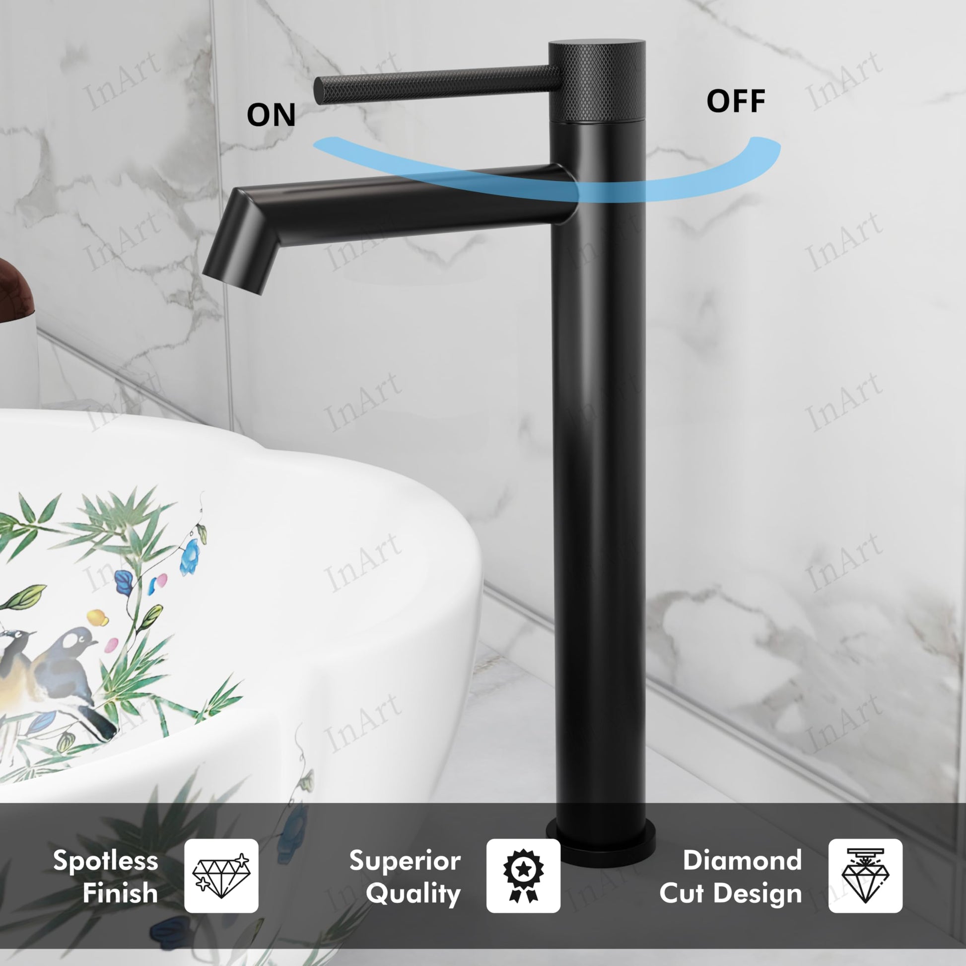 High neck pillar cock for table top basin in modern bathroom interior, matte black tap for premium sanitaryware