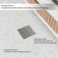 Square floor drain jali with removable cover and collar, brushed silver steel, detail view of locking fit