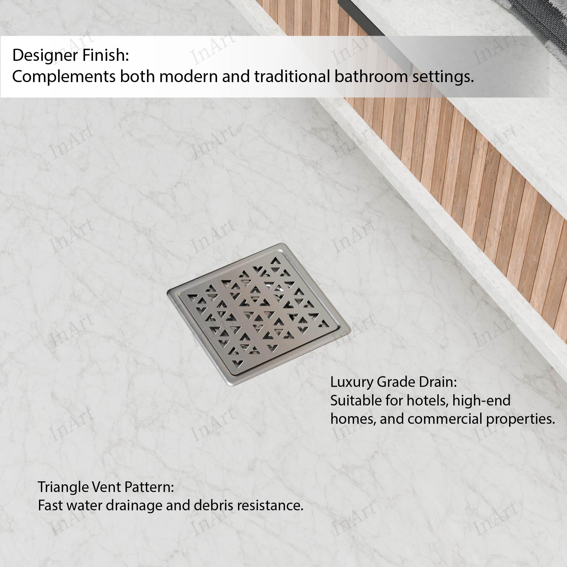 Square floor drain jali with removable cover and collar, brushed silver steel, detail view of locking fit